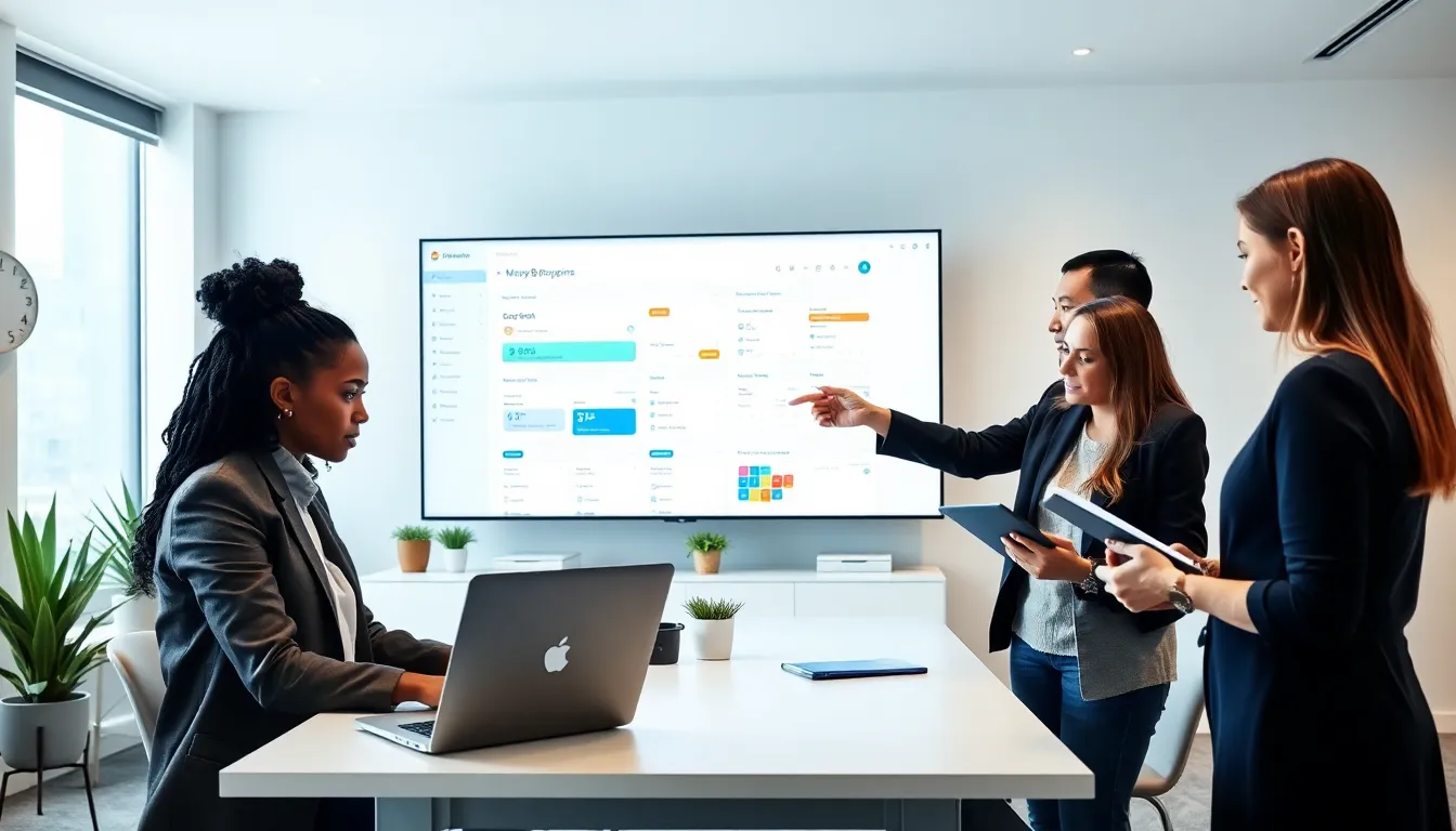 diverse professionals collaborating in a modern office workspace